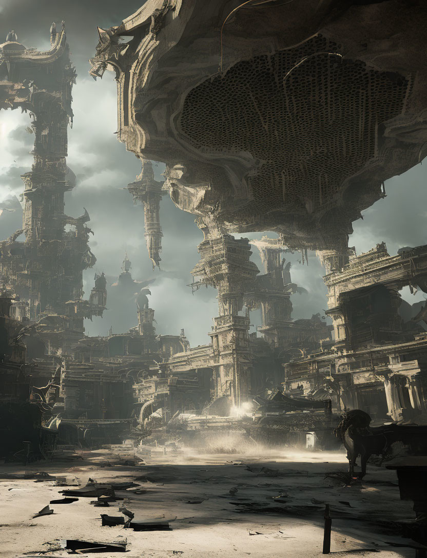 Dystopian landscape with towering structures and lone figure in ruins