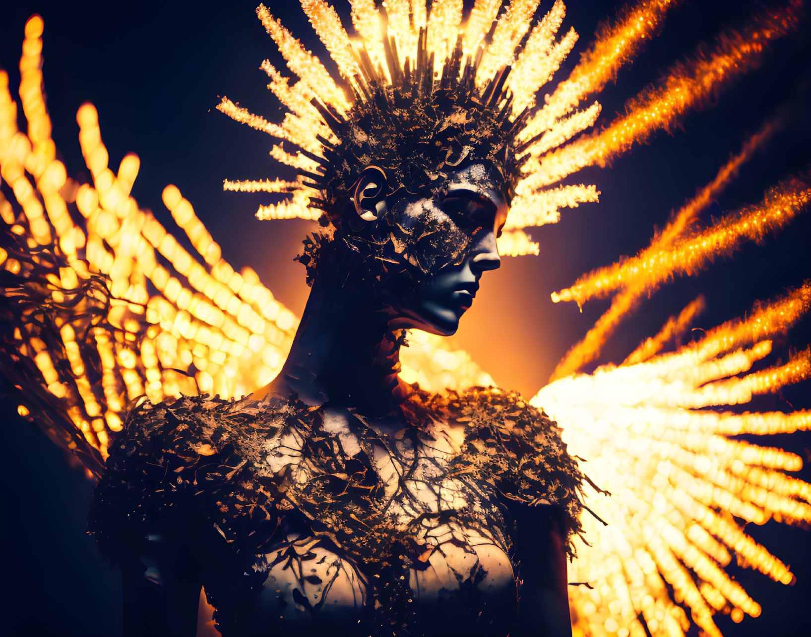 Golden headpiece and textured torso against light flares