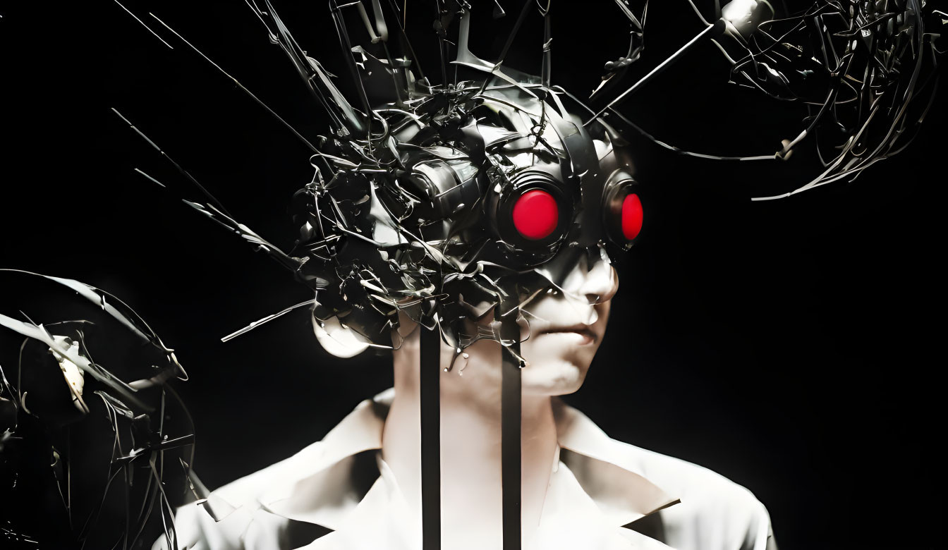 Futuristic robotic head with red glowing eyes on humanoid body against dark background