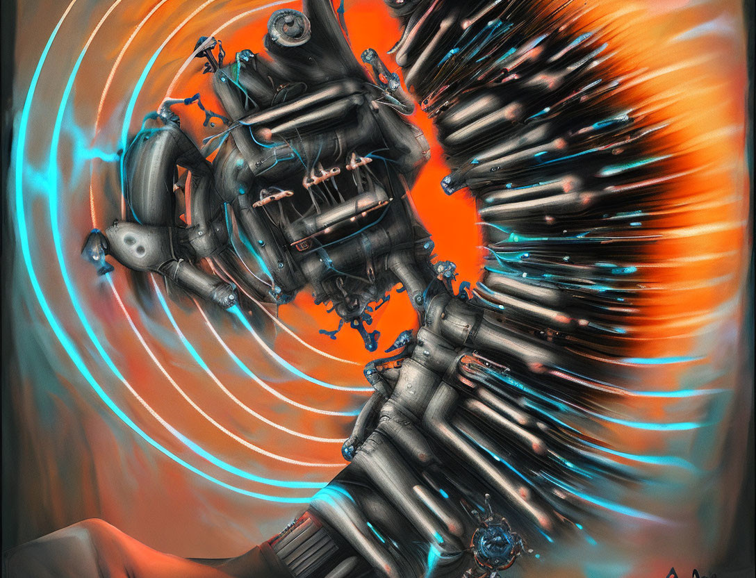 Robotic figure disintegrating in dynamic orange and blue swirl