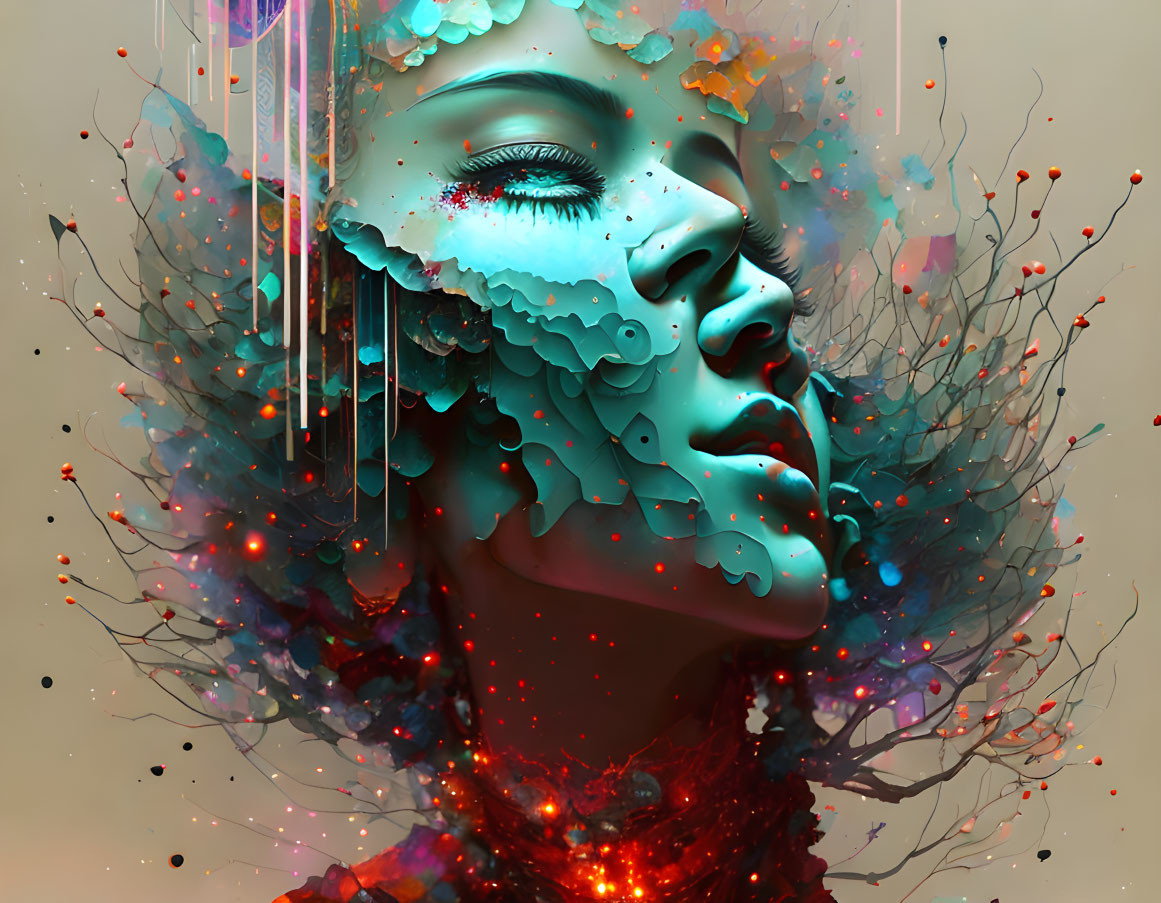 Vibrant surreal portrait of a woman with colorful patterns flowing from her face