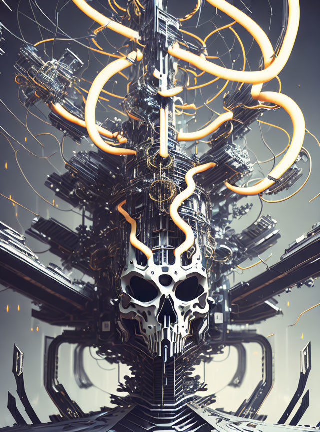 Digital artwork: Skull surrounded by intricate mechanical structures and orange cables