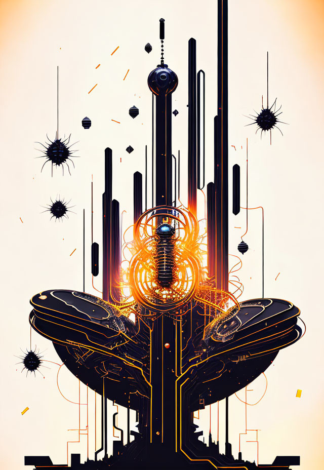 Futuristic glowing tower amidst floating debris on warm gradient backdrop