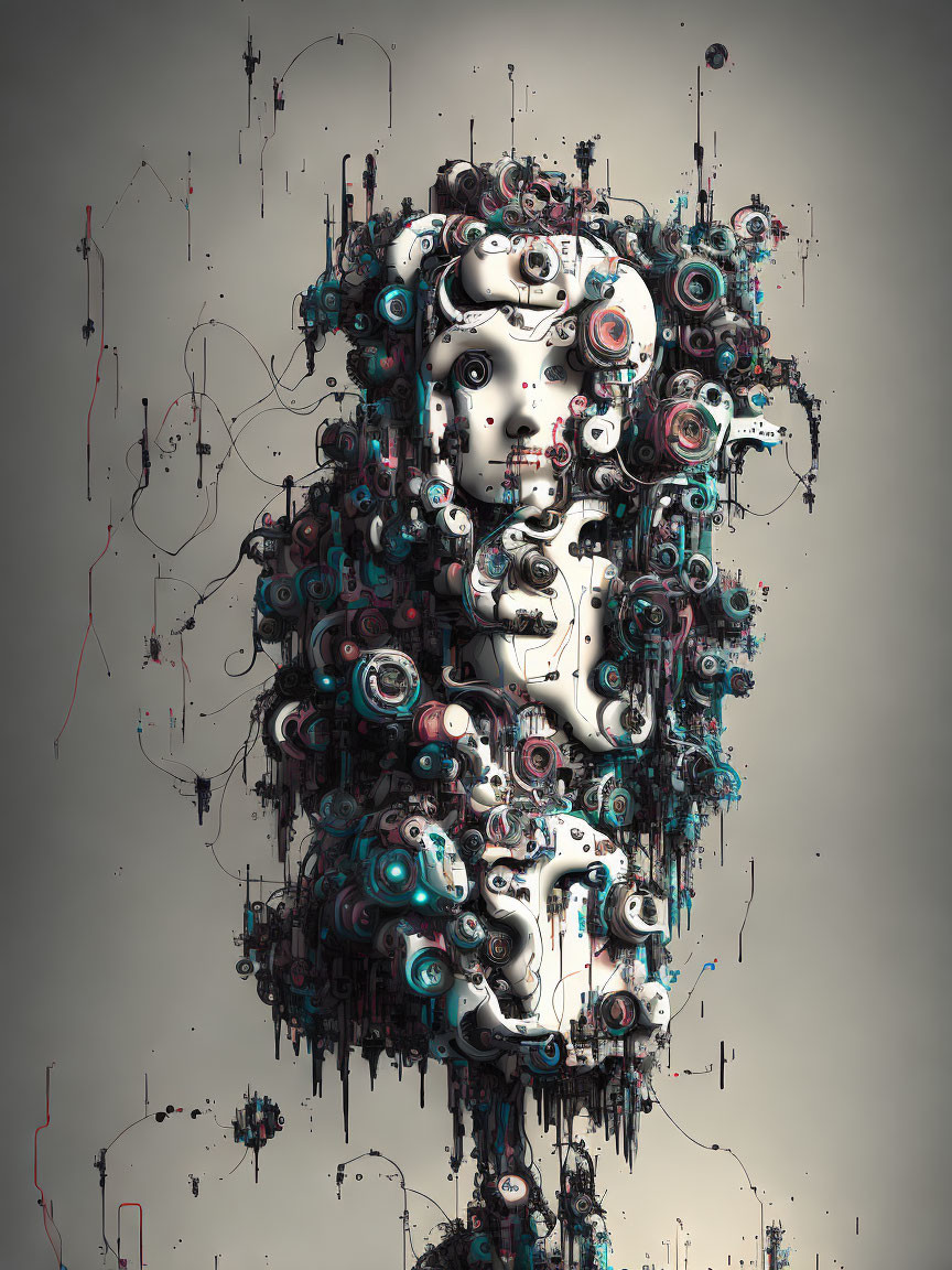 Colorful gears and mechanical parts on humanoid figure in art