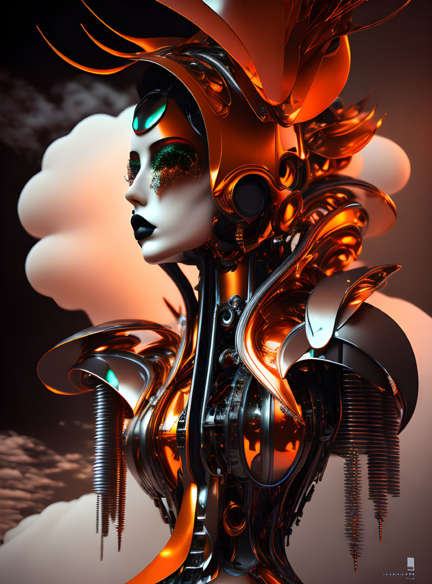 Metallic female figure with ornate headgear and intricate body armor in futuristic setting.