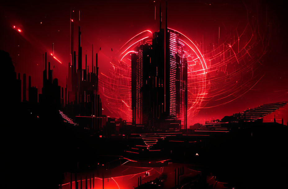 Futuristic red and black cityscape with neon lights and towering skyscrapers