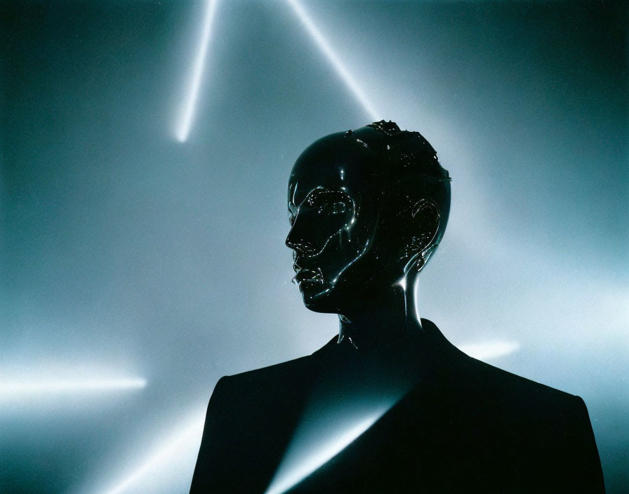 Shiny black mannequin head illuminated by dramatic backlights