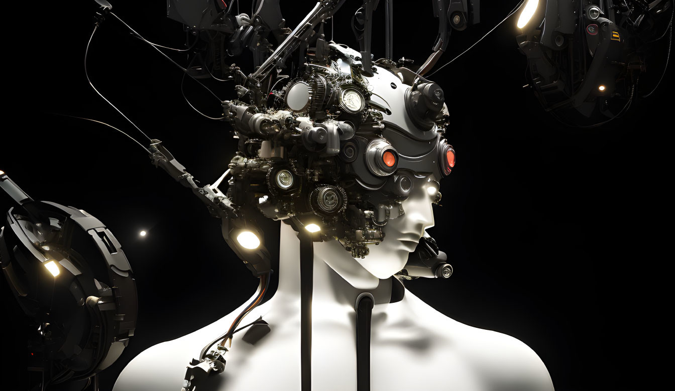 Detailed humanoid robot with complex mechanical head and white torso, surrounded by robotic arms on dark background