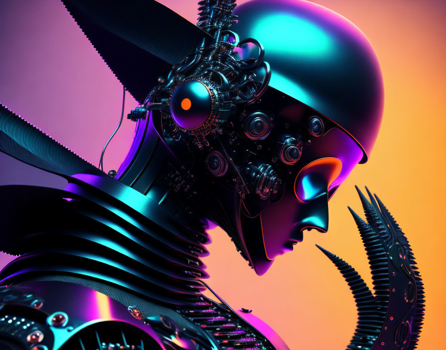 Colorful digital art: Mechanical humanoid head with gears on pink and blue background