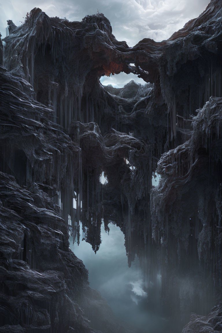 Eerie cave with stalactites and ominous water under dimly-lit sky