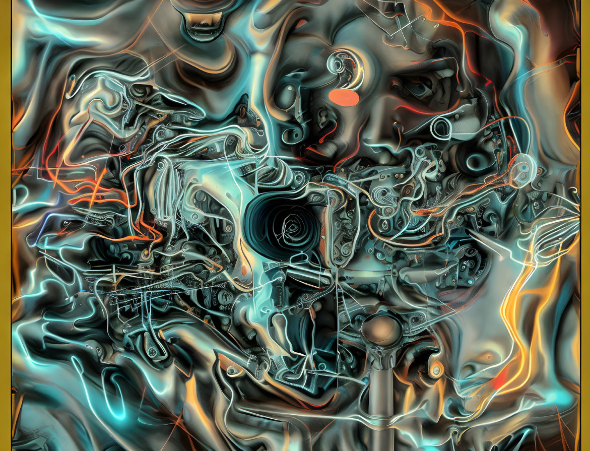 Abstract digital artwork: Fluid metallic textures in blue, orange, and gold