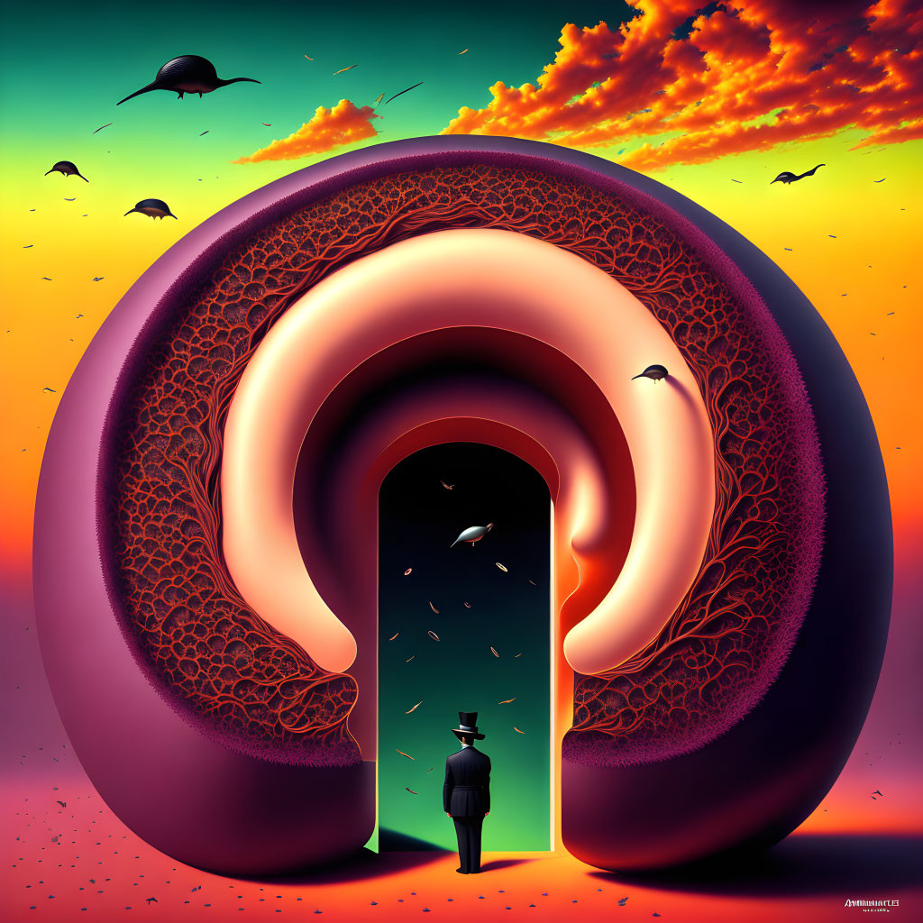 Surreal artwork: Figure by ear-shaped portal, birds in fiery sky.