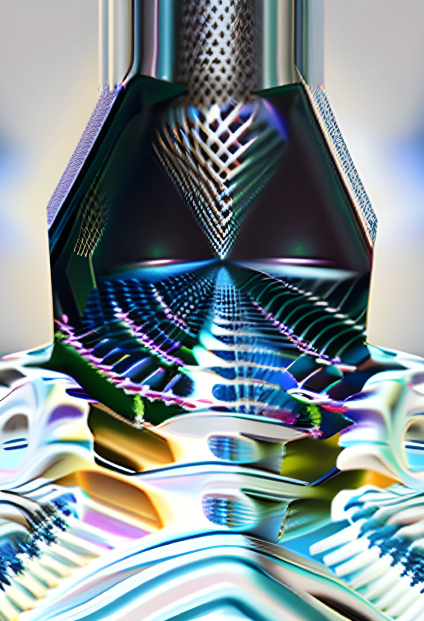 Vibrant metallic abstract digital artwork with distorted geometric structure