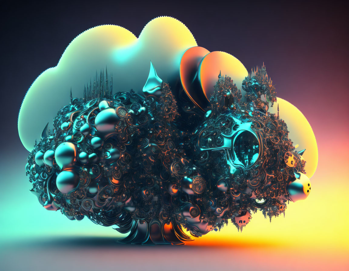 Colorful Digital Artwork: Futuristic Cloud Structure with Spheres, Gears, and Abstract Shapes