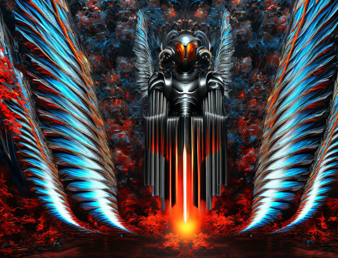 Surreal robotic figure with radiant wings in vibrant red and blue backdrop