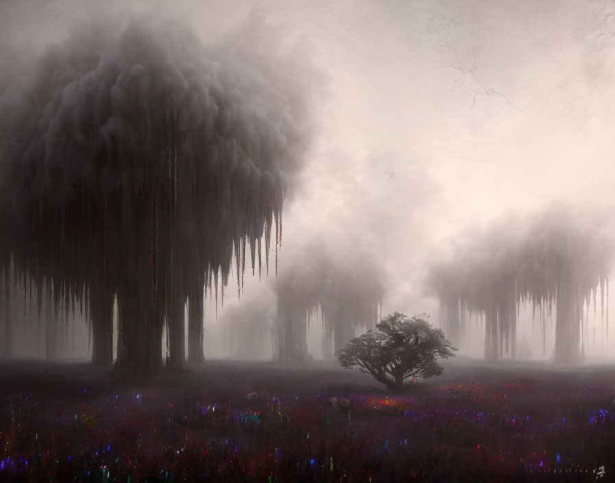 Misty forest landscape with towering trees, hanging moss, and colorful flowers