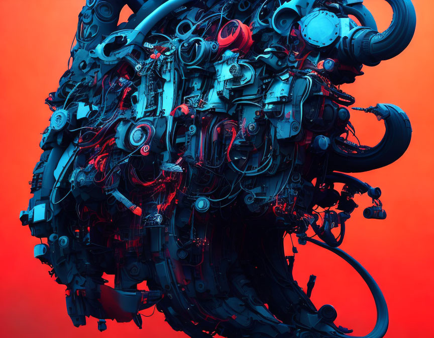 Blue-toned mechanical parts and wires on vibrant orange backdrop