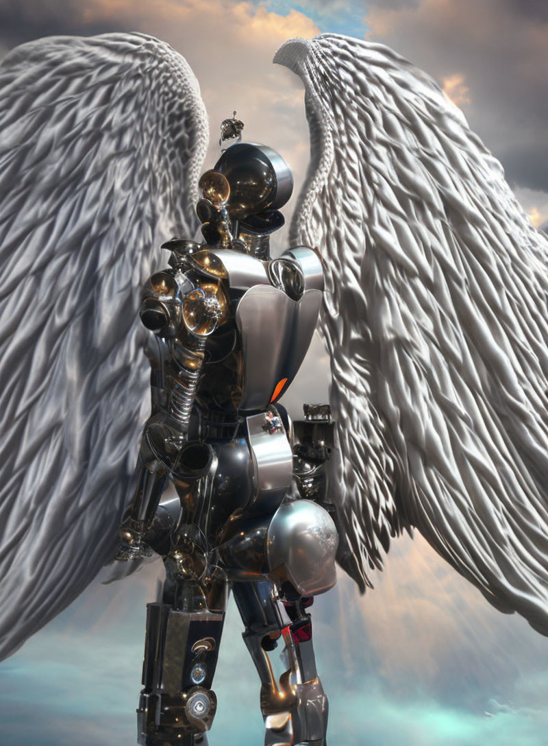 Metallic robot with white angel wings on cloudy sky background