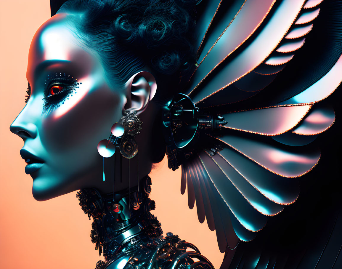 Futuristic female cyborg with mechanical wings and gear details on vibrant teal and orange background