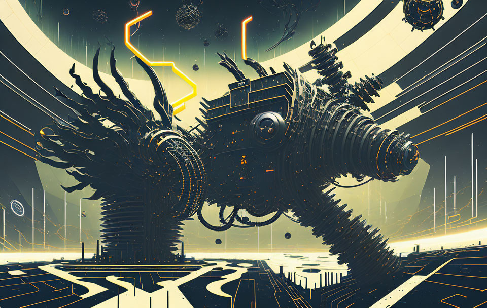 Surreal sci-fi landscape with colossal mechanical creature and floating spheres