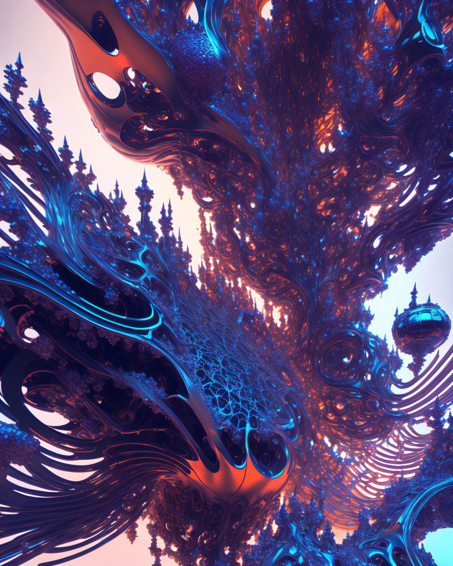 Detailed Fractal Landscape in Blue and Orange