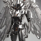 Metallic robot with white angel wings on cloudy sky background