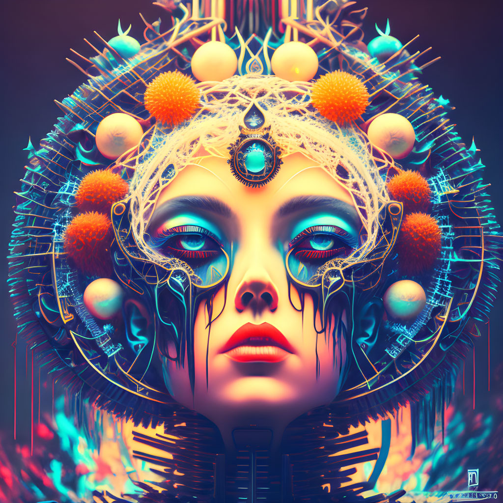 Colorful Digital Artwork of Stylized Female Face with Intricate Headdress