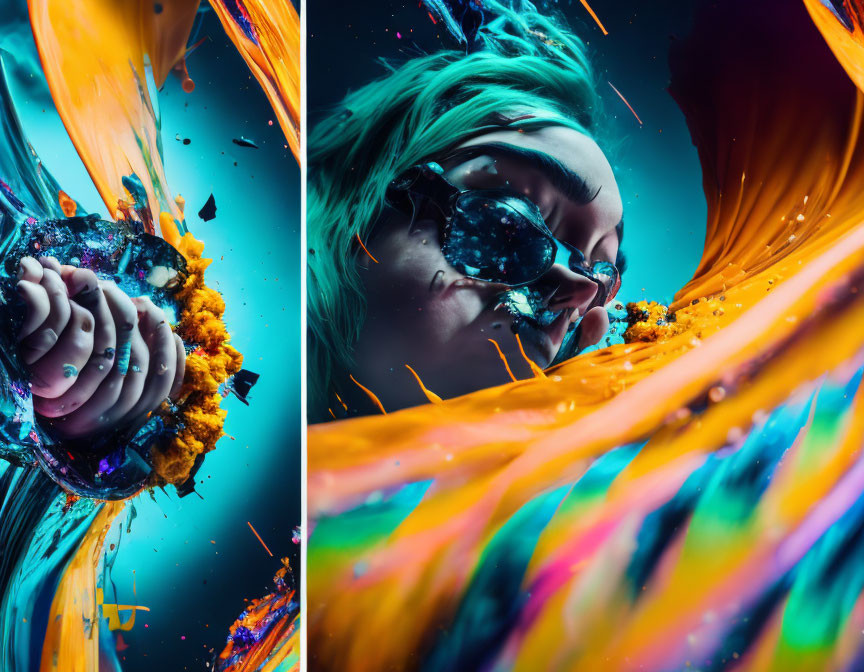 Teal-Haired Woman with Sunglasses in Colorful Paint Splashes