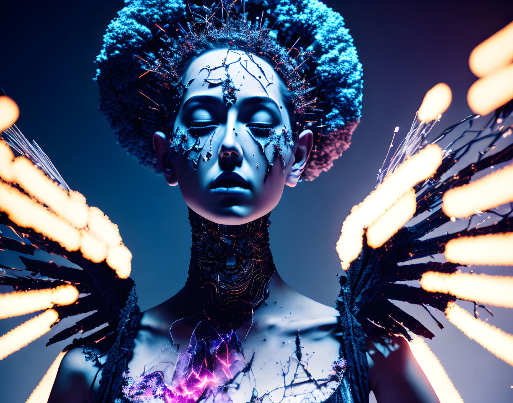 Futuristic woman with ornate makeup emitting glowing fibers on blue background