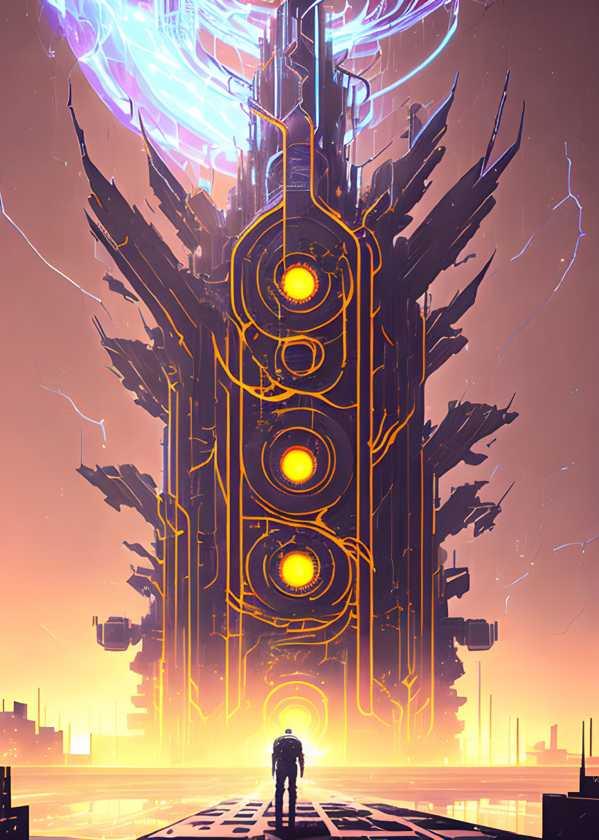 Futuristic structure with glowing orbs and blue core in dusky sky