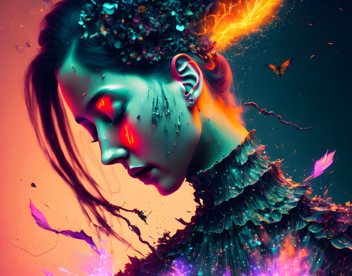 Colorful digital art of woman with glowing profile & neon splashes.