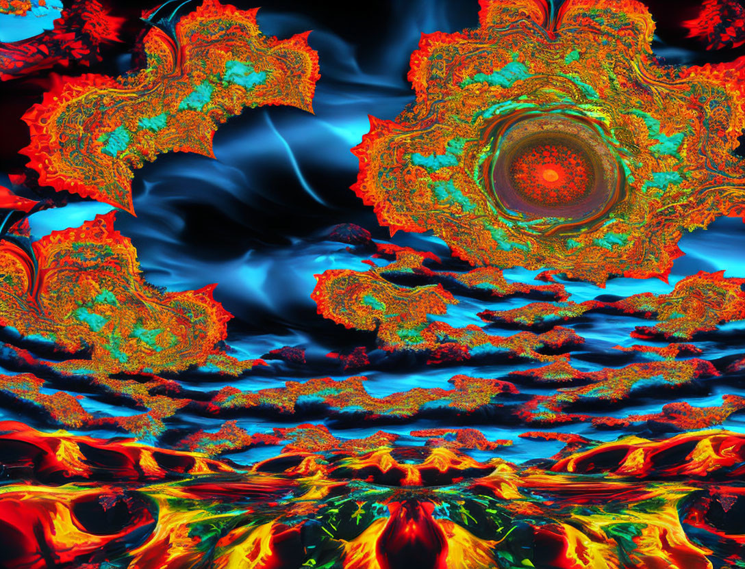 Fiery red and orange fractal art on dark background