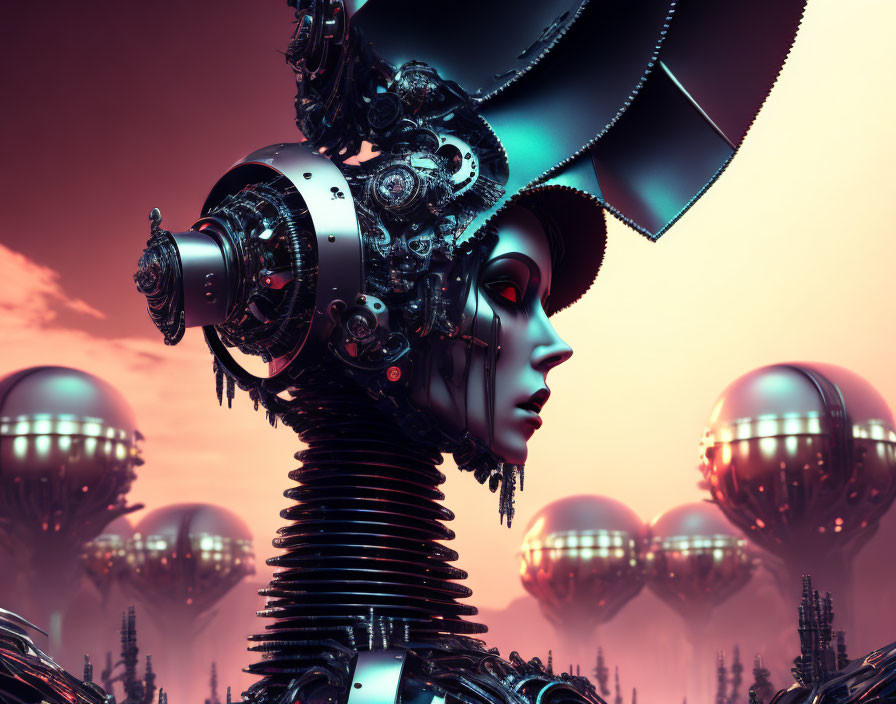 Surreal portrait of robotic woman with intricate headgear and futuristic orbs