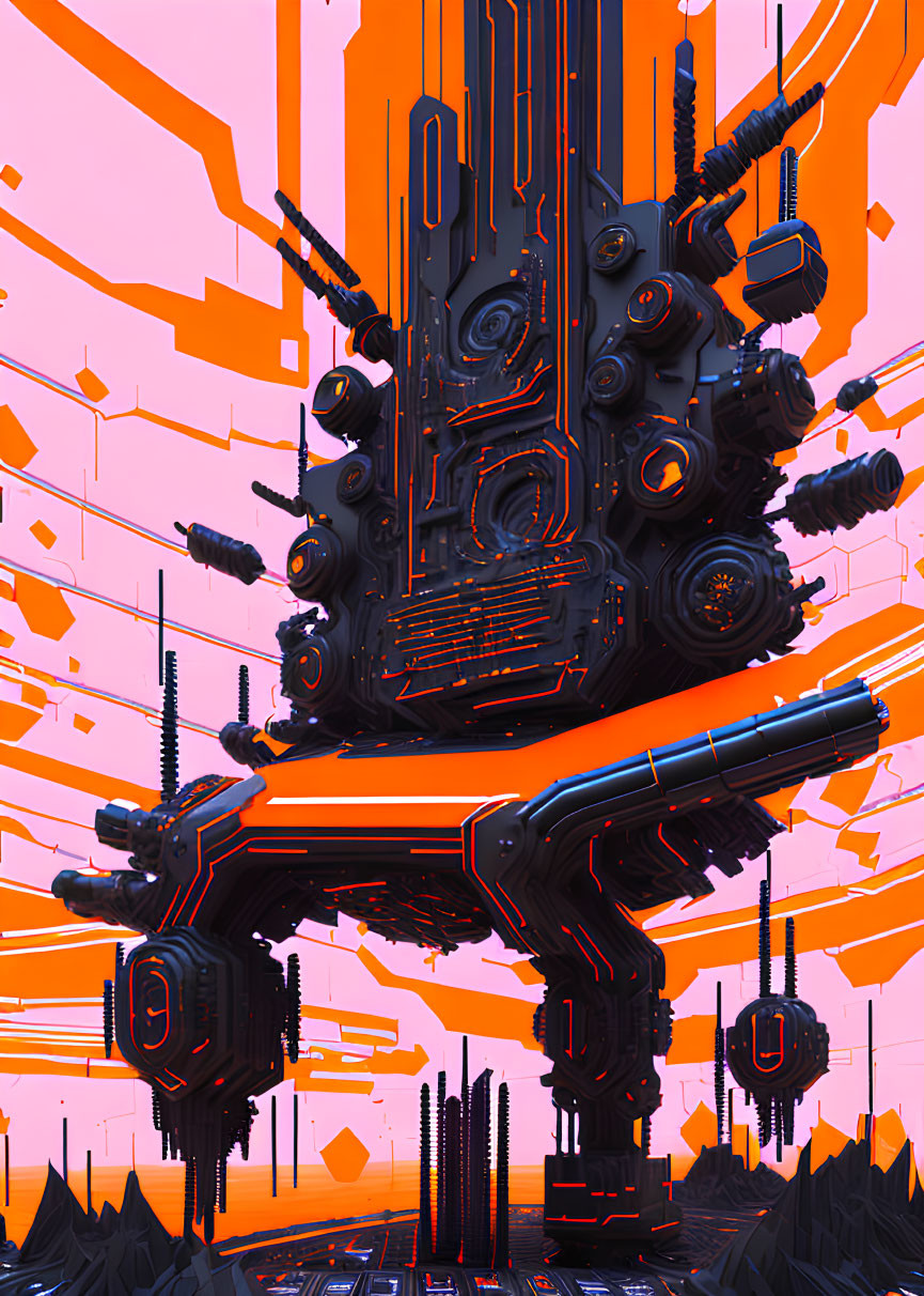 Futuristic cybernetic structure against orange-pink sky amid digital landscape