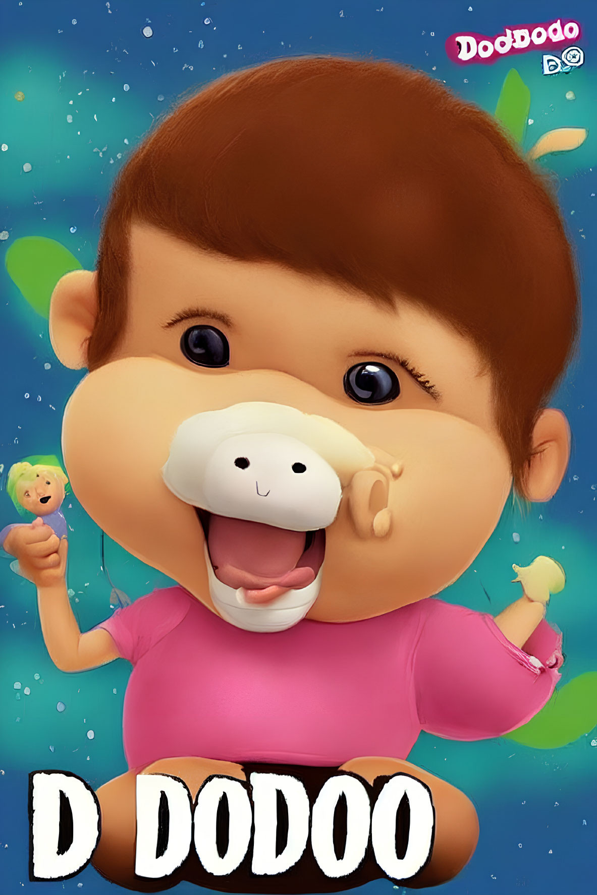 Happy baby cartoon with pacifier and yellow figures, "D DODOO" text.