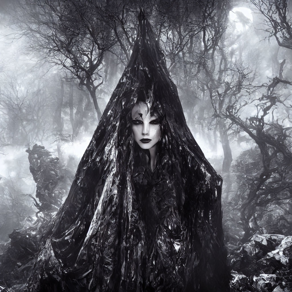 Mysterious figure in dark cloak in misty forest