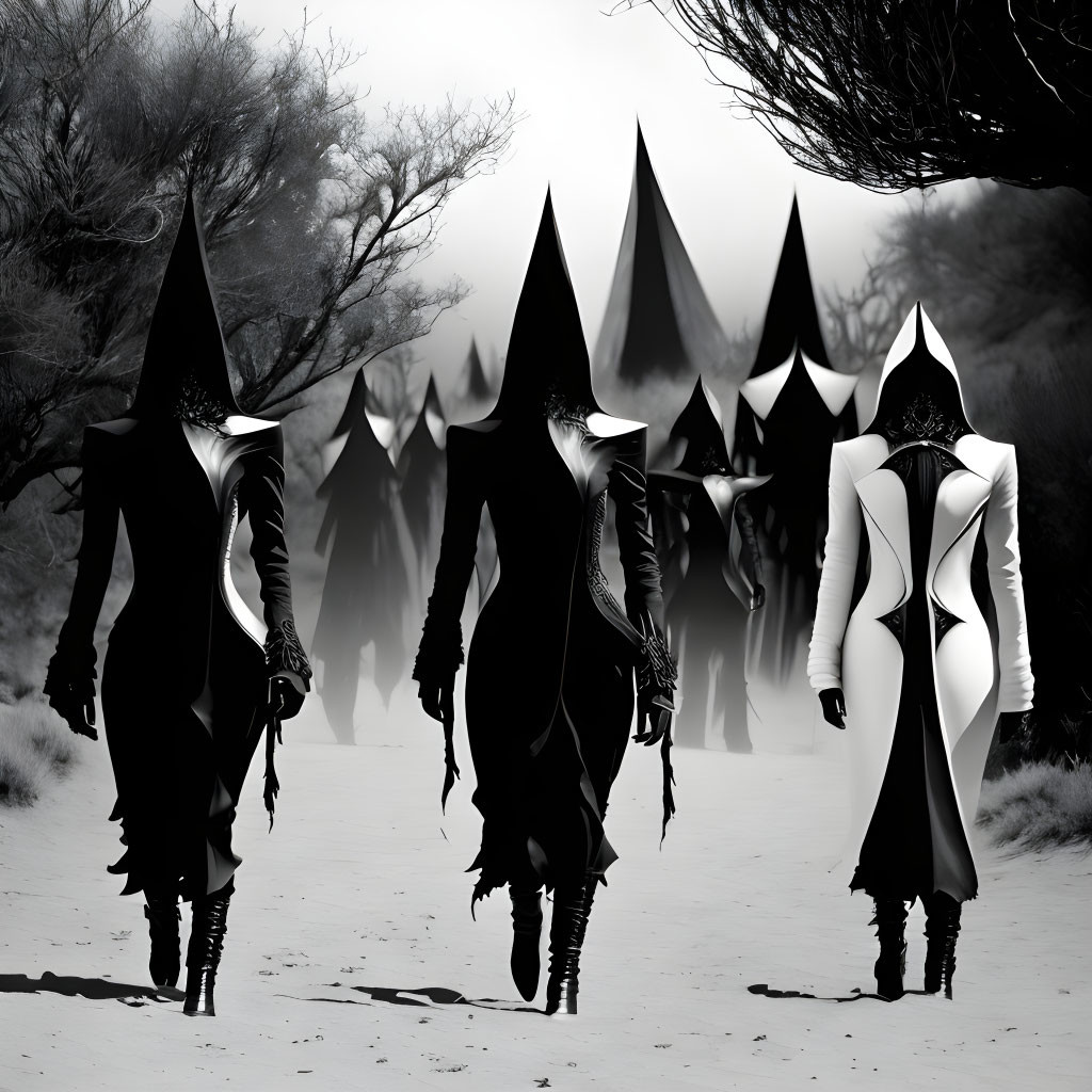 Monochrome figures with pointed hoods and abstract masks in desolate landscape