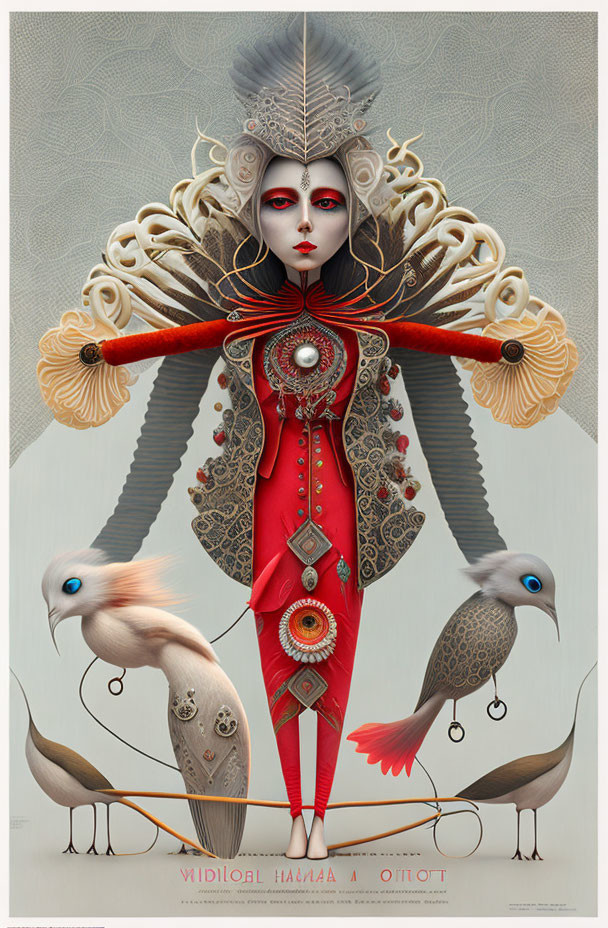 Surreal artwork: Woman with elaborate headdress, stylized birds, intricate patterns