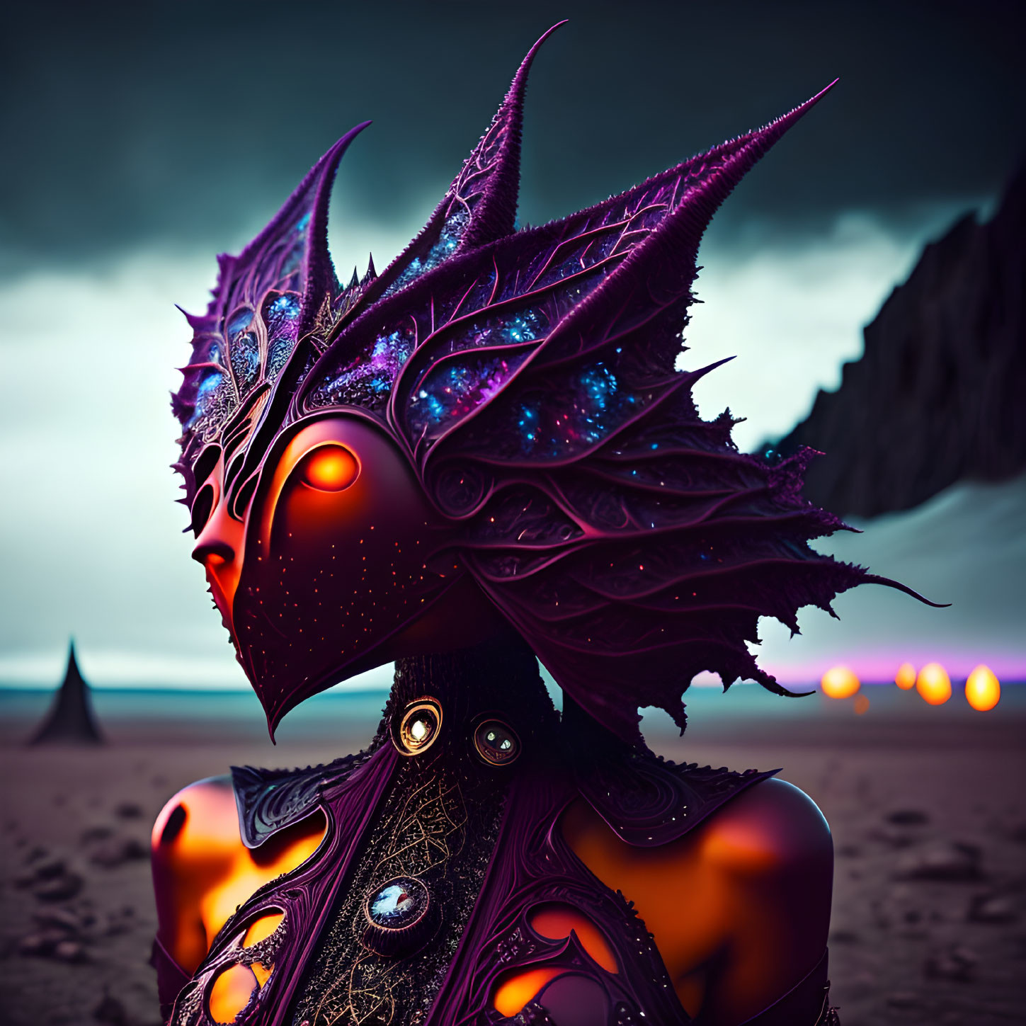 Spiky purple creature with glowing red eyes on gloomy beachscape