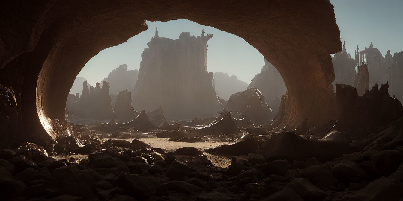 Expansive landscape of tall rock formations from cave view