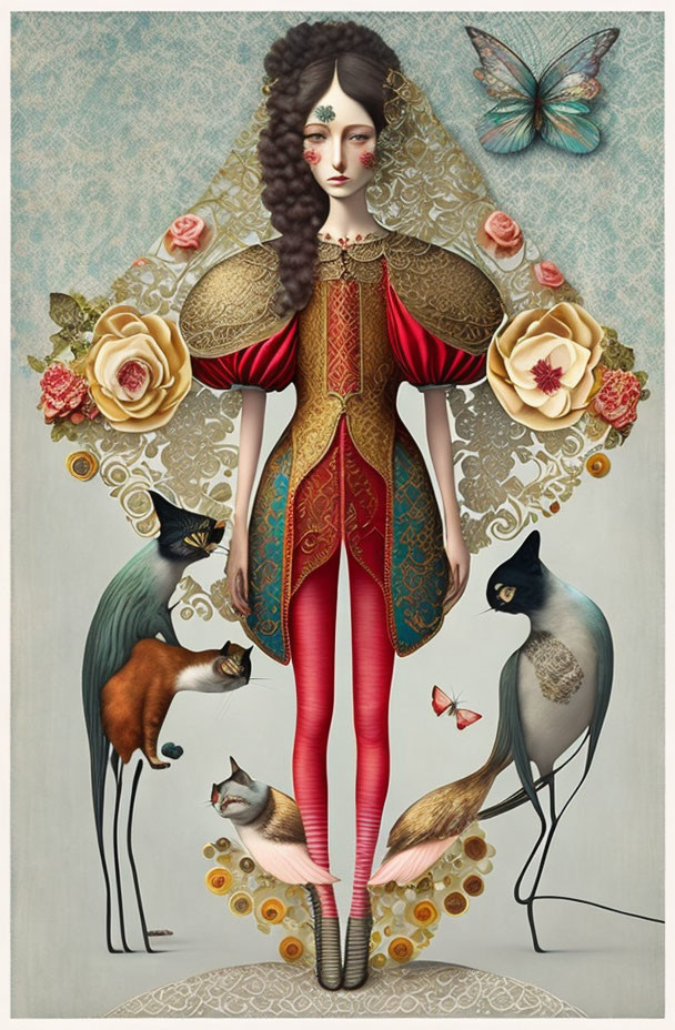 Regal woman surrounded by cats, butterfly, and flora in surreal art illustration