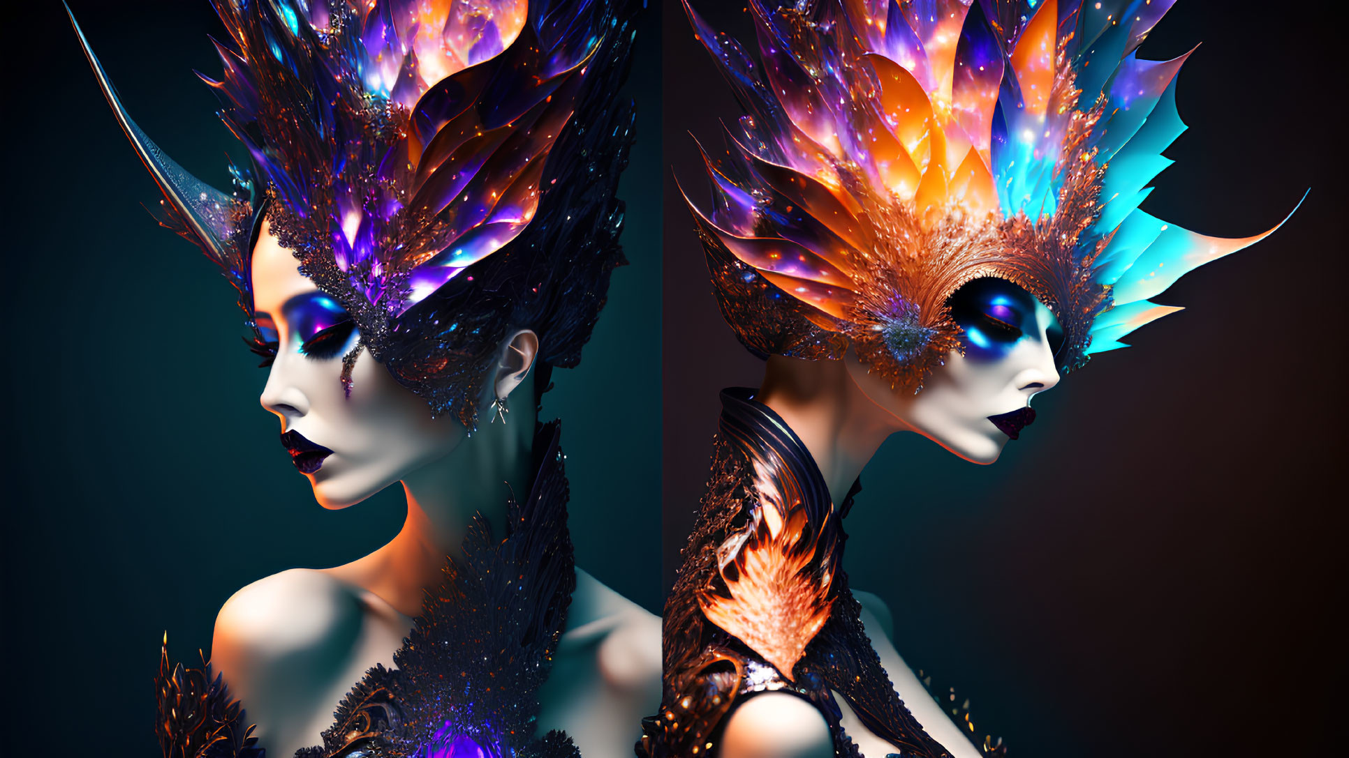 Artistic portraits of model with fantasy makeup and feathered headdresses in vibrant blue and orange hues on