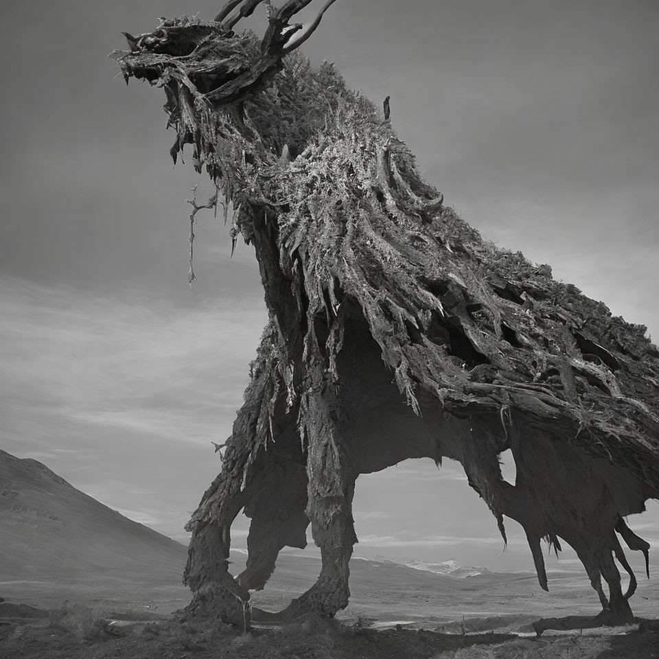 Monochrome fantasy creature with dragon head in stark landscape