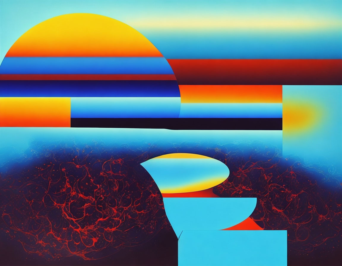 Colorful Abstract Art: Sun-like Circle & Geometric Shapes in Blue, Orange, Black