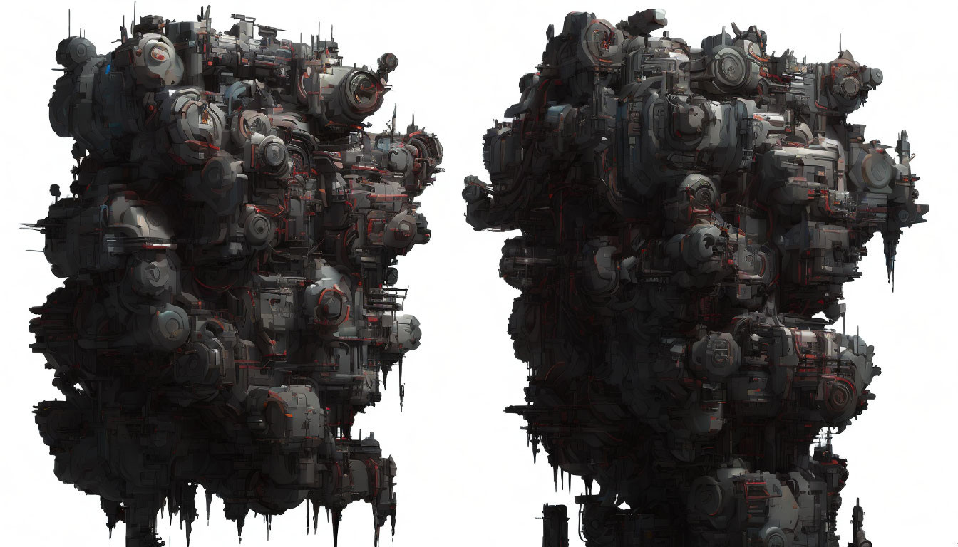Symmetrical towering industrial structures with intricate machinery and monochromatic color scheme