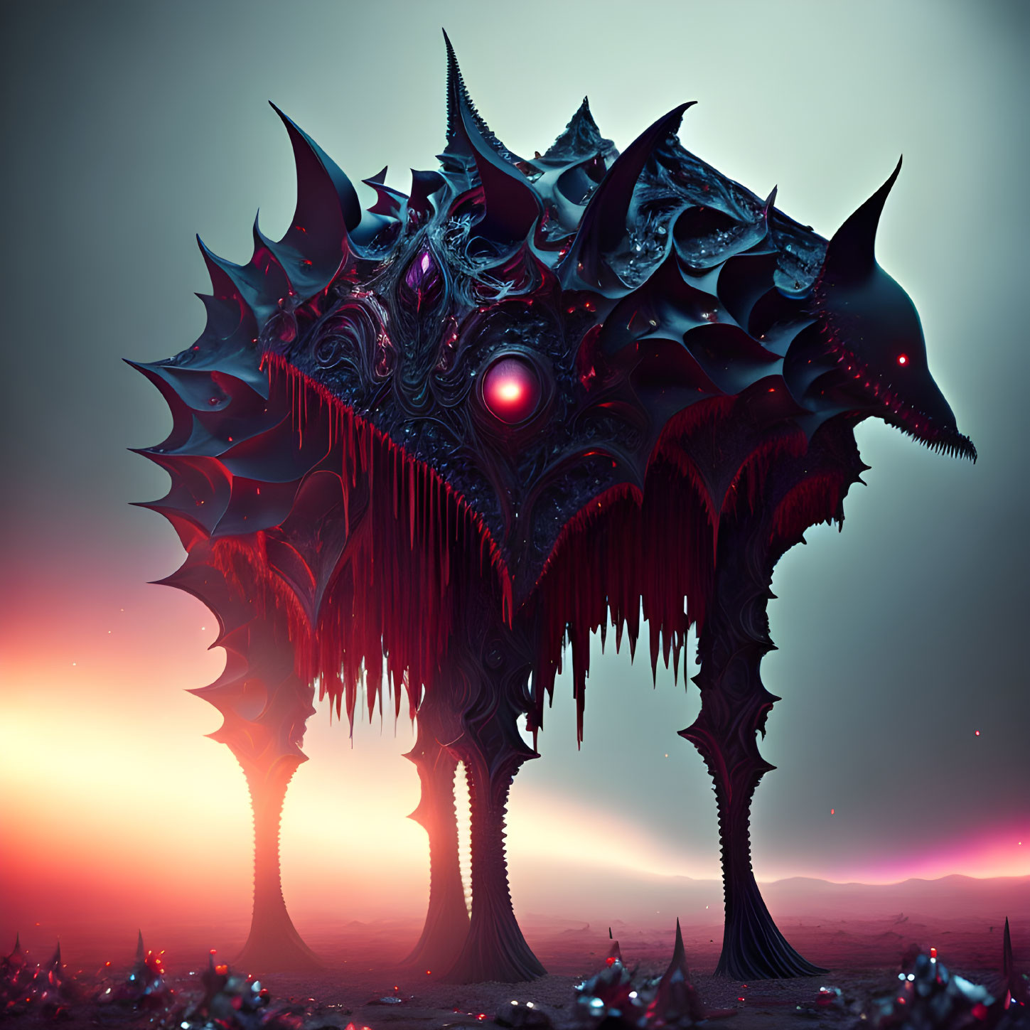 Fantastical creature with multiple spiky heads in alien landscape