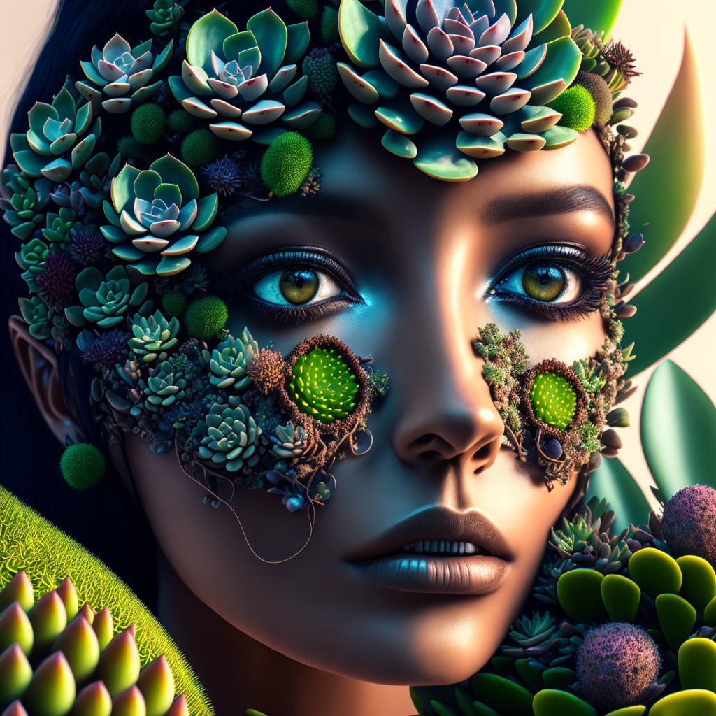 Digital artwork: Woman's face with vibrant succulents, greenery, yellow eyes, nature makeup