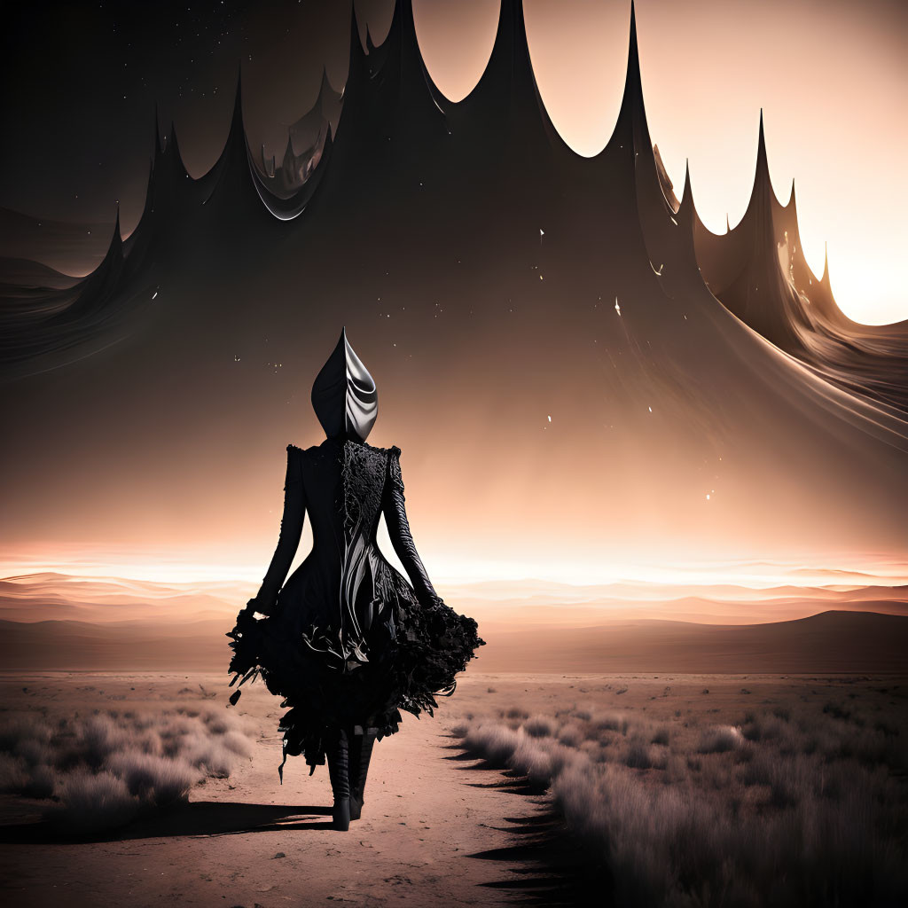 Faceless Figure in Black Dress in Surreal Barren Landscape