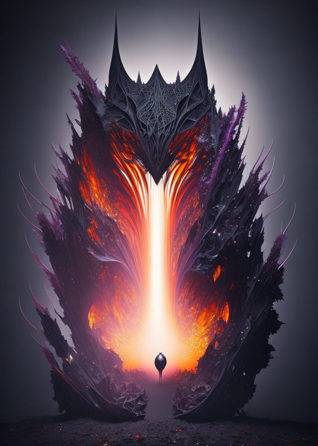 Person before colossal fiery winged structure in mystical backdrop