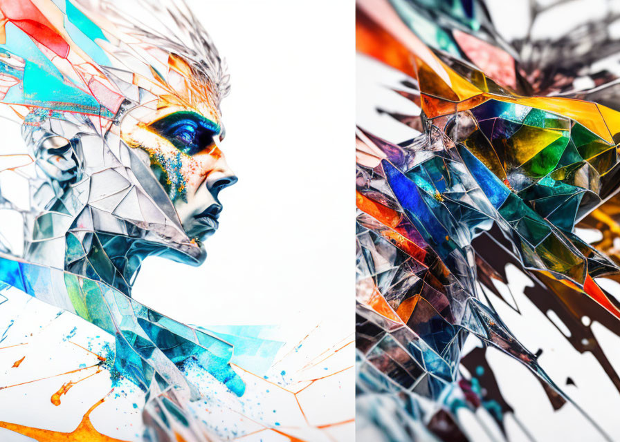 Profile View Digital Artwork with Geometric Structures and Colorful Splashes